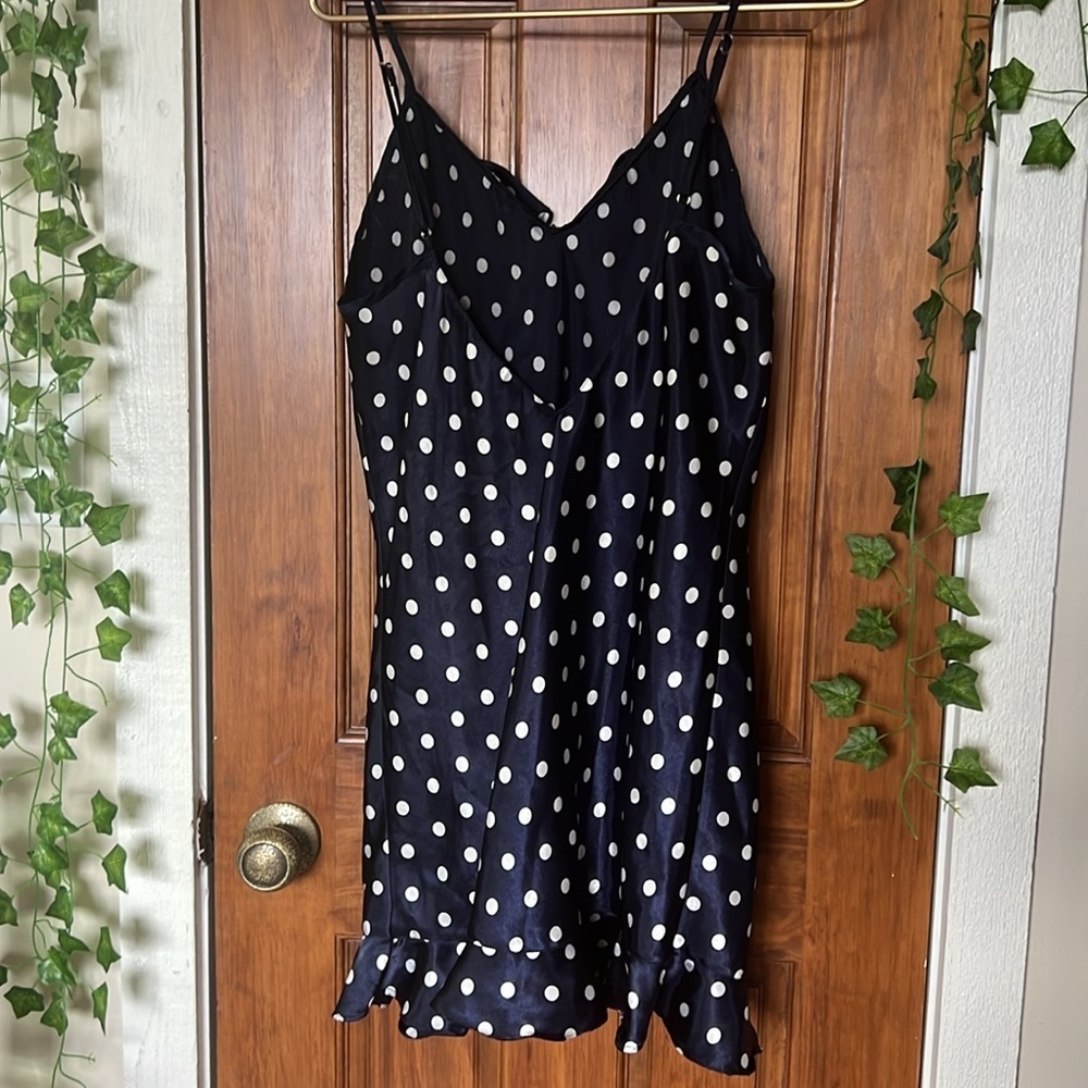 Vintage 90s SATIN Polka Dot Ruffle Low V Back Slip Dress in Navy White | M - Picture 3 of 10